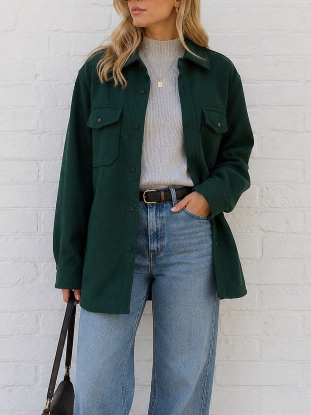 Brandy Melville Forest Green Quilted Shacket Jacket OS Oversized Button Front
